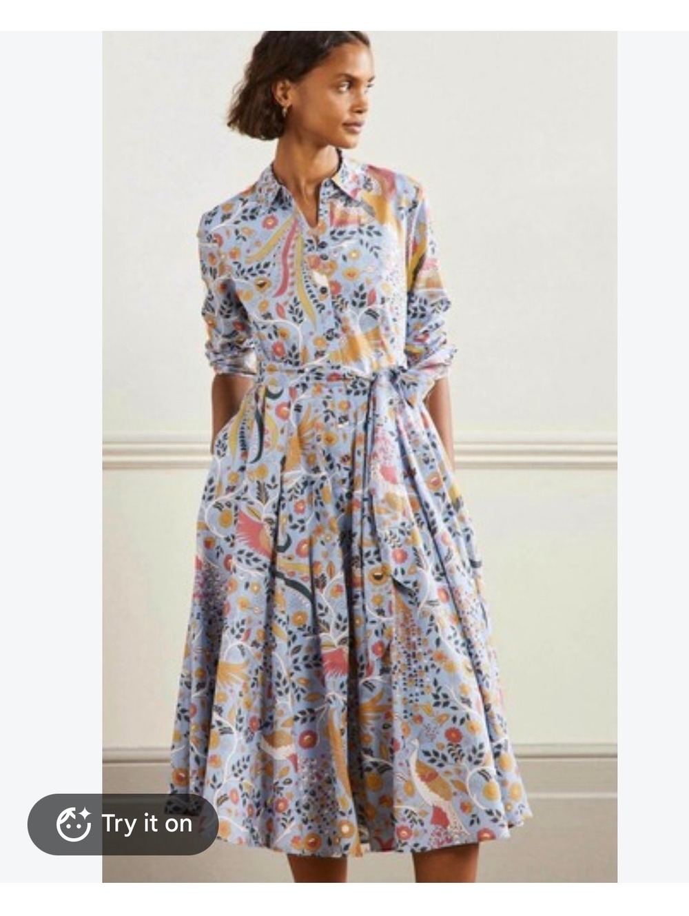 Boden Kitty Midi Shirt Dress — Dusty Blue, Enchanting Peacock, UK 8R/US 4R - Picture 4 of 4